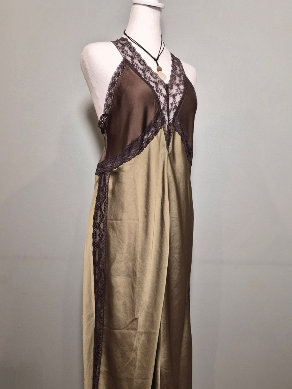 Free People NWT Bronze Green & Brown Romantic Hippie Fairycore Witch Satin Dress - Picture 2 of 10